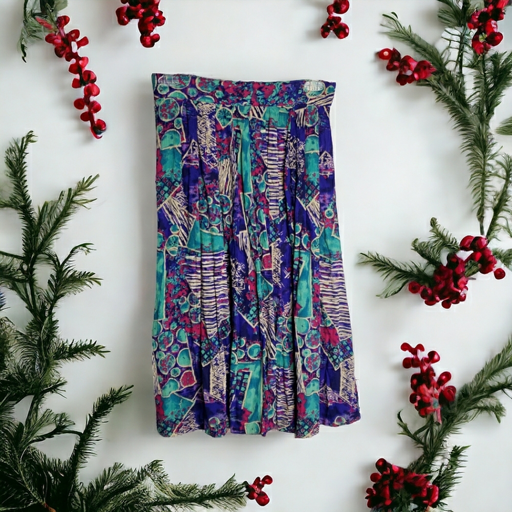 Vtg Rayon Abstract Geometric Midi Skirt Elastic Waist 80/90 Y2K Boho Full Resort